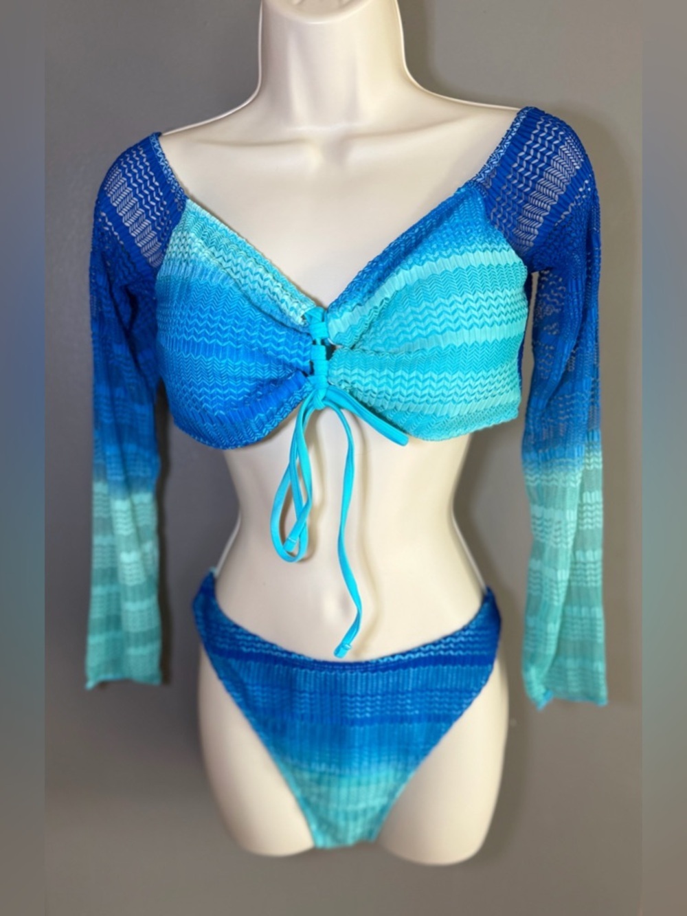 Ocean Ombre 3-Piece Bikini XL Long Sleeve Mesh Top Bottoms Wrap Skirt Cover-Up